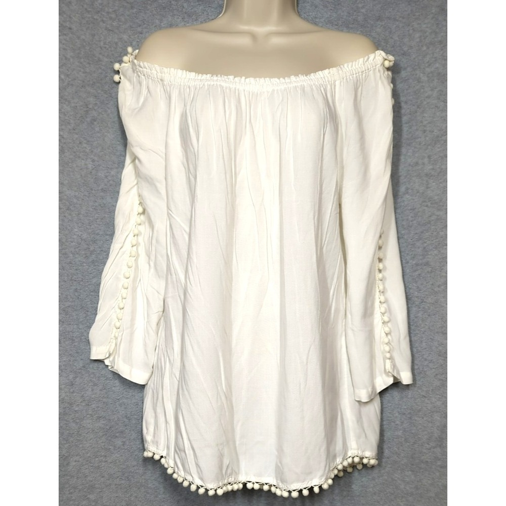 Bohemian White Top L Off Shoulder Scoop Neck Pom Poms Sunny Leigh Playful Chic